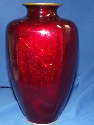  Jarrón Meiji Japonés Rojo Ginbarii Inalámbrico Cloisonné Bambú y Pájaros 9 3/4" Moretones Foto 1 de 4