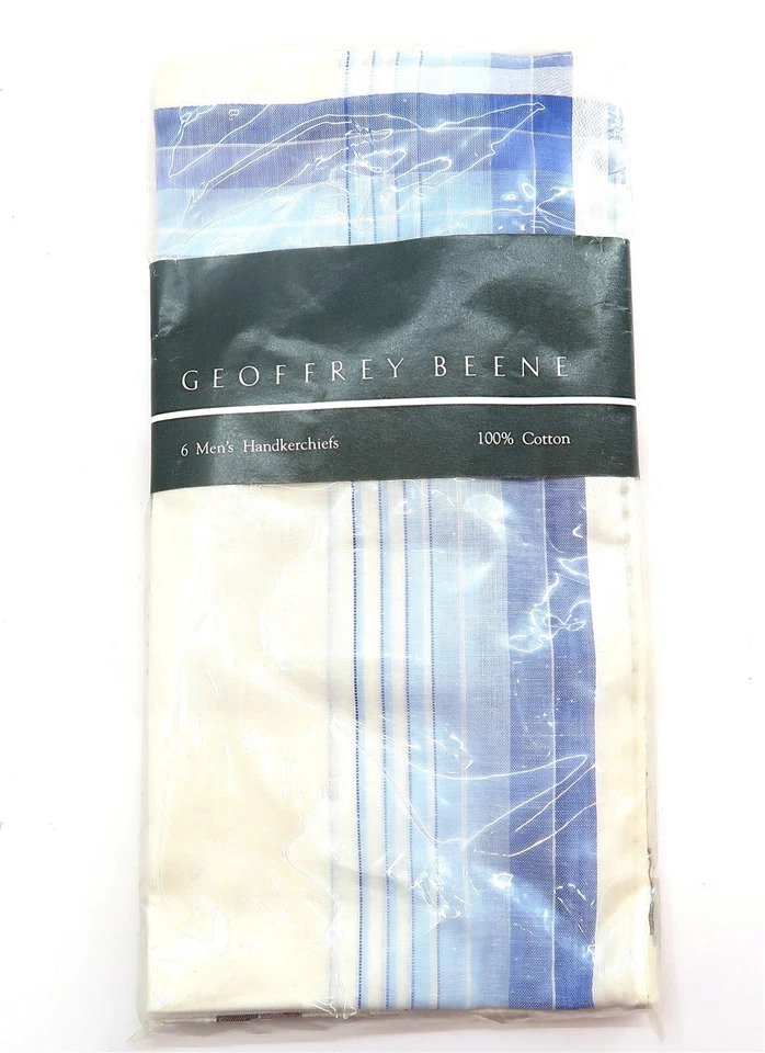 NEW Set of 6 GEOFFREY BEENE Men's Handkerchiefs 100% Cotton in Blue and White  - Image 1 of 4