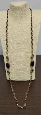 CHICO'S Grueso Marrón Cinta Tono Dorado Cadena Cabujón Collar Largo Usado en Excelente Condición Foto 1 de 4