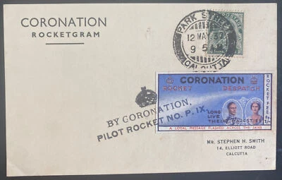 Portada de tarjeta postal del vuelo de coronación de Rocketgram de Calcuta India 1937 con etiqueta Foto 1 de 2