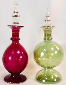 2 Perfume Bottles Burgundy Green Gold Glass Mid Century Modern - Picture 1 of 5