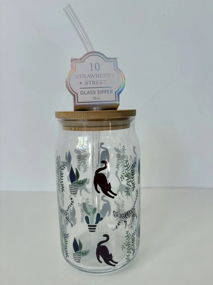 10 Strawberry Street «Кошки» 15 унций стеклянный стакан бамбуковая крышка и солома новый с Ярлыками! - Изображение 1 из 4