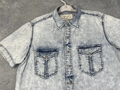 Camisa Ryan Michael Para Hombres Mediana Azul Lavado Ácido Denim Western Snap Manga Corta Foto 1 de 4