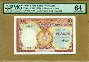 French Indochina Vietnam 10 Piastres = 10 Dong ND (1953) Pick 107 PMG 64 - Picture 1 of 2