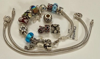 Brazalete Brazalete Chamilia Plata de Ley con 17 Dijes ¡Lote! 3 pulseras Foto 1 de 4