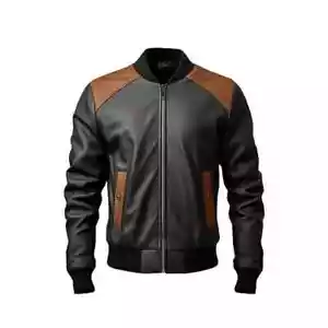 Men's Black and Brown Sheepskin Baseball Leather Bomber Jacket | Varsity Style - Picture 1 of 5