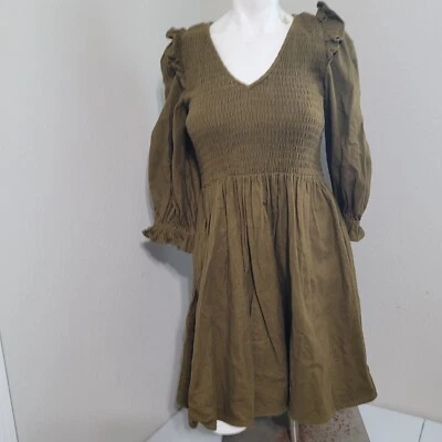 Vestido Madewell XXS bainha stretch crepe gola V babado plissado algodão manga comprida - Imagem 1 de 4