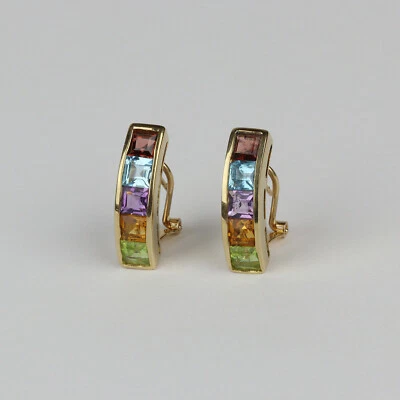 Pretty 14k Yellow Gold, Amethyst, Topaz,  Citrine, Peridot Omega Earrings - Image 1 of 2
