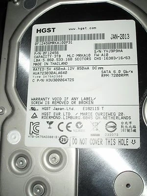 HGST 3TB Ultrastar 7K3000 HUA723030ALA640 PN 0F12456 - Image 1 of 4