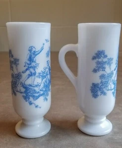 Pair of Avon Vintage Tall Milk White Glass Tea Cups/Mugs with Blue Design - Picture 1 of 2