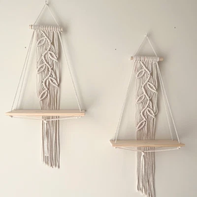 Juego de 2 Estantes Colgantes de Pared Estante Boho Decoración del Hogar Madera Almacenamiento Hoja Patrón Foto 1 de 4