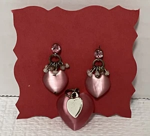Valentine’s Day Heart Earrings & Pendant Pink Satin Look, Pink Rhinestone Love - Picture 1 of 6