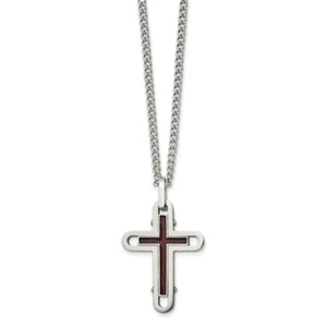 Stainless Steel Polished Wood with Enamel Overlay Cross Necklace - Picture 1 of 3