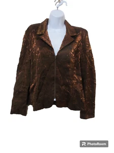 Sz 16 VINTAGE Joseph Ribkoff Crinkle Jacket Full Zip Copper Brown Top Lined L/S - Picture 1 of 16
