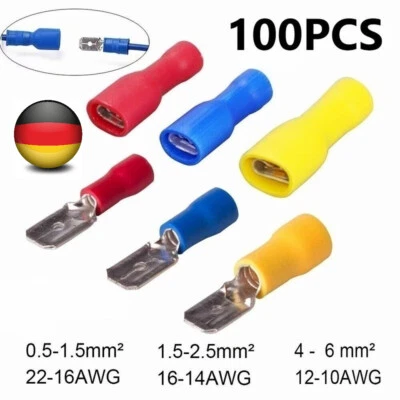 100 Stk Flachstecker Flachsteckhülsen 0.5 - 6 mm² Kabelschuh Steckverbinder Set - Bild 1 von 4