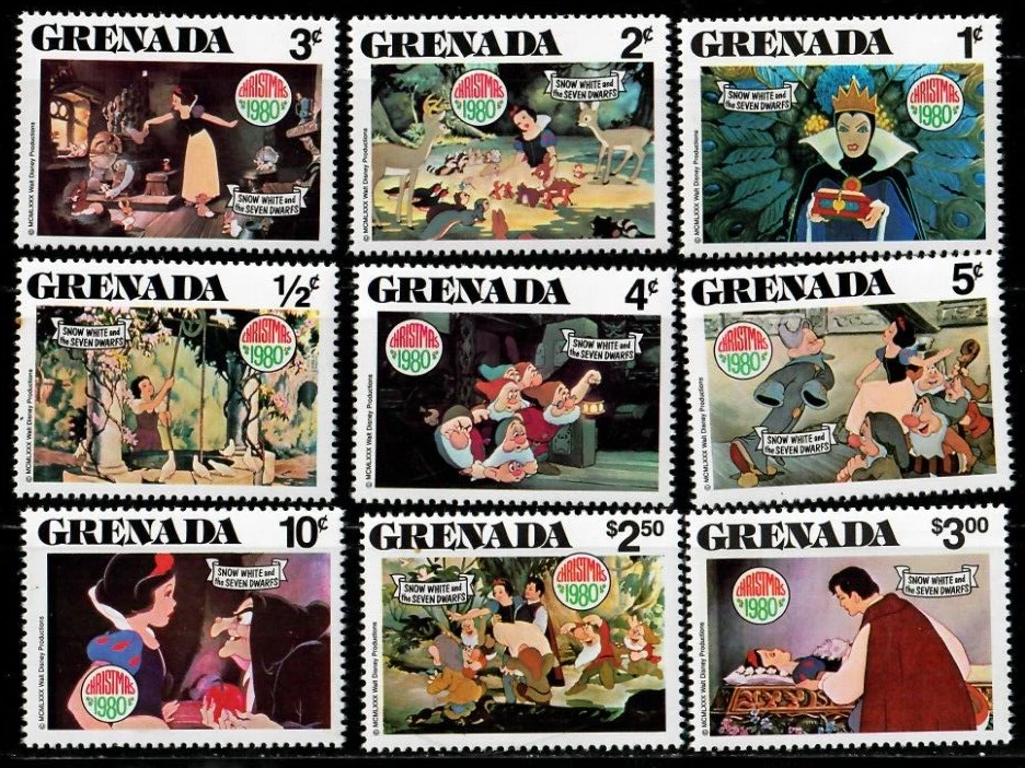 Grenada 1980 - Disney Christmas Snow White - Set of 9 Stamps Scott 1021-29 - MNH - Image 1 of 1