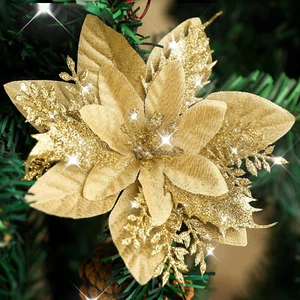 24PCS Poinsettia Artificial Flowers Gold Christmas Flower Decorations with Clips - Picture 1 of 9