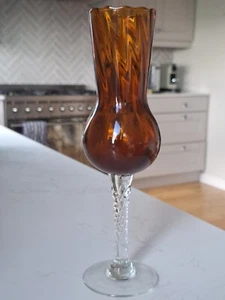 Empoli Glass Vase Dark Amber Brown Scalloped Twisted Stem 10" Vintage Retro - Picture 1 of 11