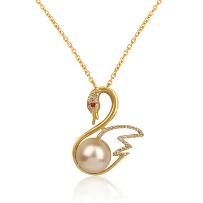 Collar de diseño de cisne chapado en oro 925 con piedras preciosas de perlas circonitas Foto 1 de 4
