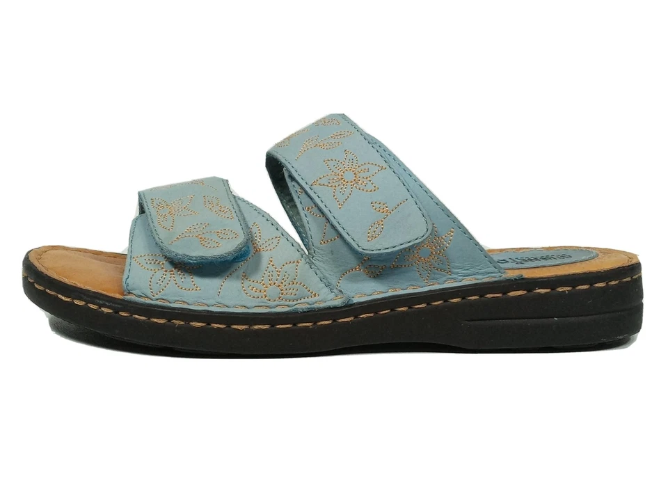 Minnetonka 女式 5375 蓝色皮革拖鞋凉鞋金色花卉尺寸 11 好  — 第 1/4 张图片