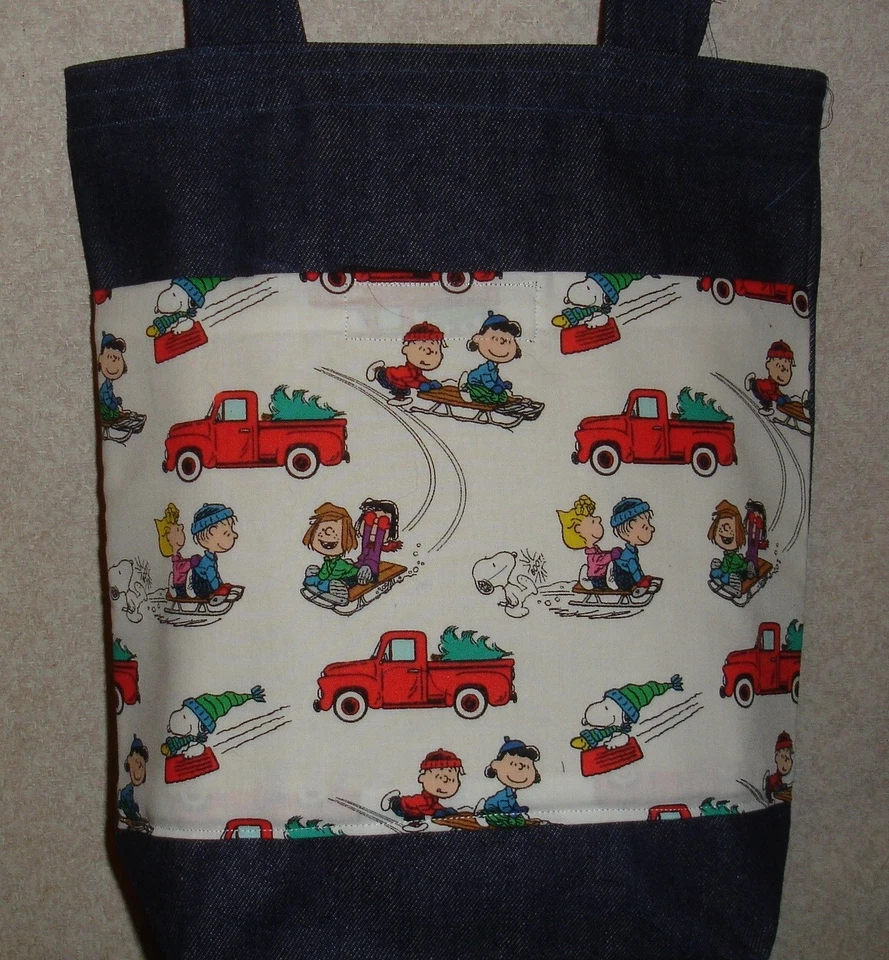 NEW Medium Denim Tote Bag Handmade/w Peanuts Snoopy Christmas Truck Sleds Fabric - Image 1 of 1