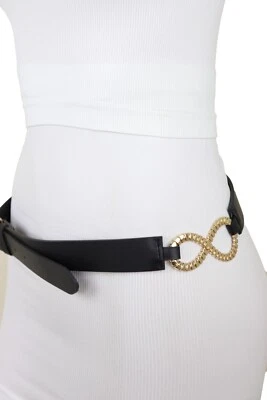 Mujeres Negro Imitación Cuero Moda Cinturón Metal Dorado Infinito Lateral Dije Hebilla S M Foto 1 de 4