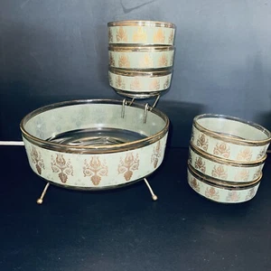Rare MCM Jeannette Glass Laurel & Lyre Atomic Age Chip Dip Salad Bowl Set (READ) - Picture 1 of 24