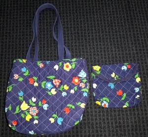 Vtg 60s Flower Power Quilted Purse Tote Bag W/ Matching Cosmetic Pouch Blue Red - Picture 1 of 9