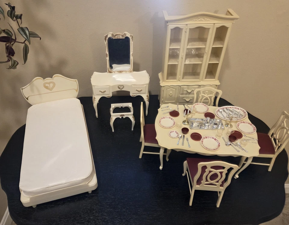 Vintage Marx Sindy Doll Dining Table Chairs China Cabinet Bed Vanity Accessories - Image 1 of 4