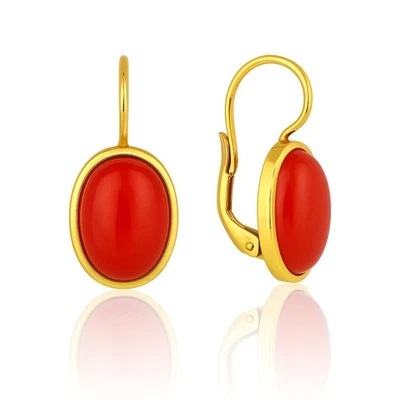 Orecchini pendenti argento 925 dorato cabochon corallo rosso naturale monachella - Immagine 1 di 4