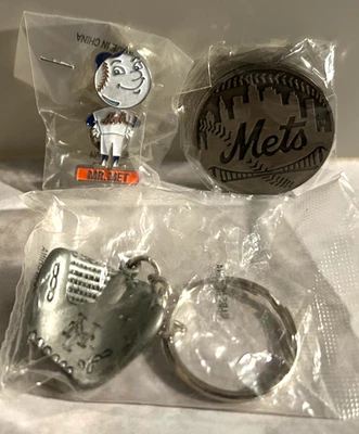 Mr Met Bobblehead Pin, NY Mets Logo Magnet, NY Mets Baseball Glove Key Chain - Image 1 of 4