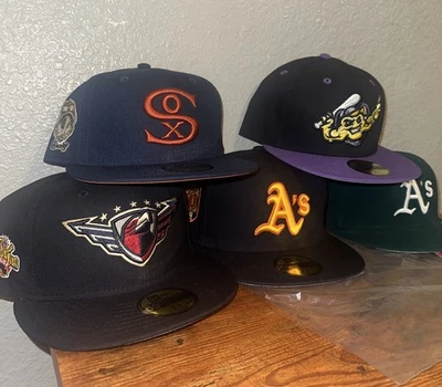 Size 7 5/8 New Era Hat Lot of 5 A’s, Sox, JetHawks, Mighty Mussels MiLB Polartec - Image 1 of 4
