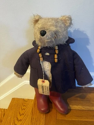 VINTAGE PADDINGTON TEDDY BEAR GABRIELLE ENGLAND 1970'S TAG TALL RED DUNLOP BOOTS - Image 1 of 4