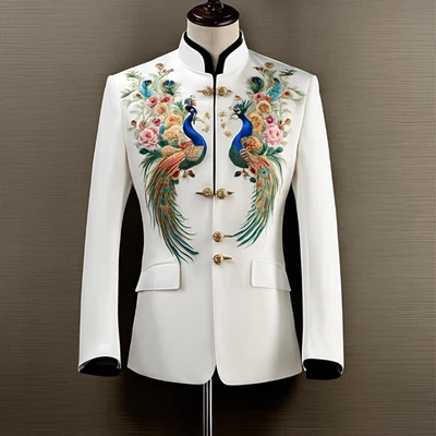 Chaqueta Imperial Blanca Mandarina Con Pavo Real Y Bordado Floral En Multicolor Foto 1 de 4