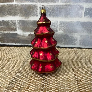 Vtg Dayton Hudsons Red and Gold Christmas Tree Tiered Ornament Blown Glass 7" - Picture 1 of 11
