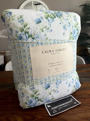"Juego de edredón completo/reina floral blanco, azul y verde Laura Ashley nuevo 92""x96""" Foto 1 de 4