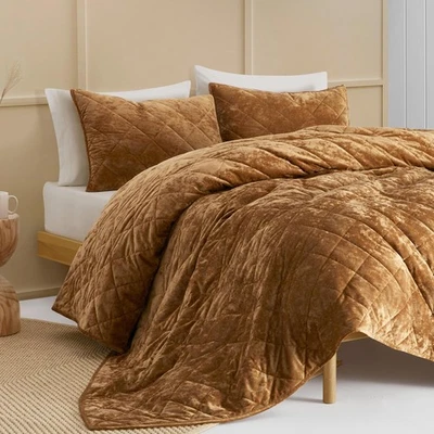 Velvet Quilt King Size Bedding Set Caramel, Lightweight Stitched Comforter wi... - Image 1 of 4