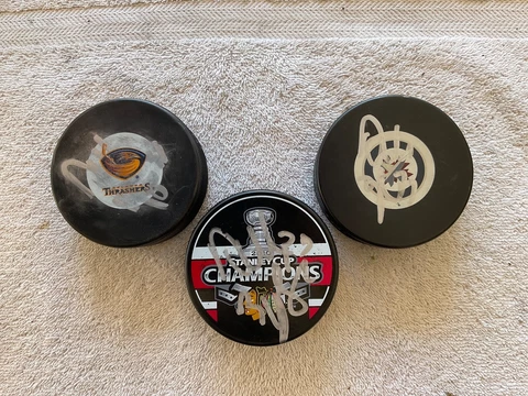 DUSTIN BYFUGLIEN Signed NHL Hockey Logo Puck  ** Pick a Team ** Autograph Cover