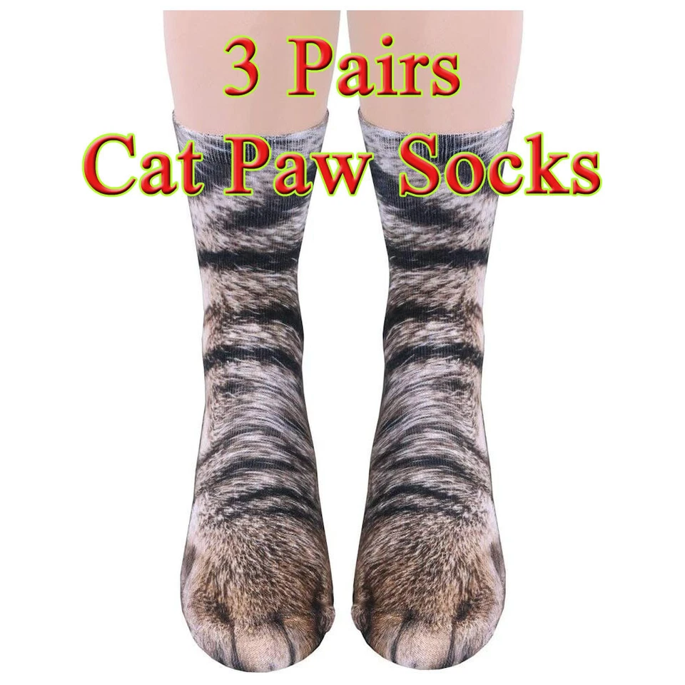 (3 Pares) Calcetines Unisex Adulto Animal Paw Crew - Estampado Sublimado - Calcetines Pata de Gato Foto 1 de 1