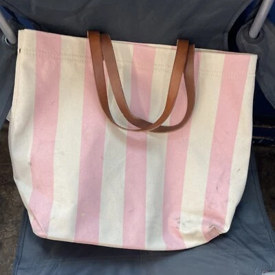 $98 Madewell Canvas Transport Tote Bag Pink Ivory Stripe leather handle H12 - Image 1 of 4