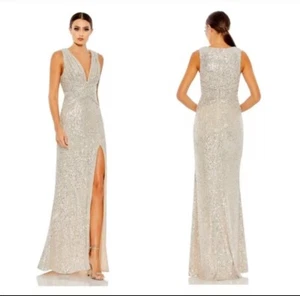 Mac Duggal 26598 Size 10 V Neck Sleeveless Sequin Wrap Waist Gown Nude Gold NEW - Picture 1 of 18