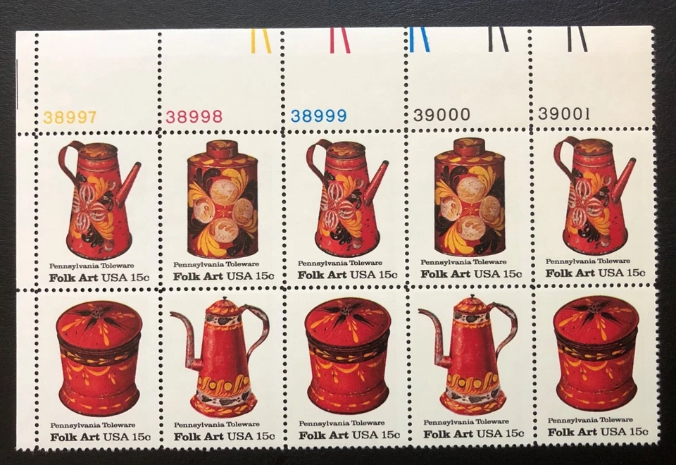 US Stamp 1979 Mint Plate Block of 10 Scott #1775-8, American Folk Art, Toleware - Image 1 of 1