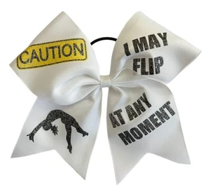 NEW "CAUTION I MAY FLIP" Gymnast Cheer Bow Ribbon Girls Hair Bows Cheerleading - Picture 1 of 1