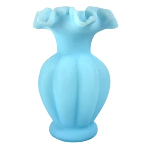 Vintage Fenton Blue Matte Satin Glass Ruffle Top Melon Vase 5.5" Tall - Picture 1 of 7
