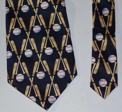 镶嵌男式宽领带海军蓝棒球棒印花 100% 真丝手工制作 — 第 1/3 张图片