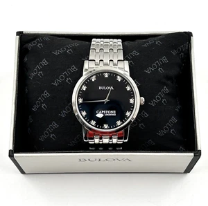 Bulova 12 Diamonds Black Dial Silver Steel Men's Watch 96D106 Capstone Logistics - Picture 1 of 18