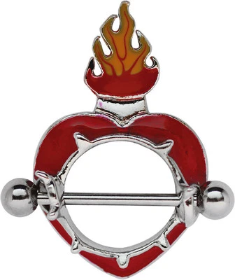 Brustpiercing Schild farbiges Herz mit Flammen Krone und Stahlstab, Größe 14mm - Bild 1 von 2