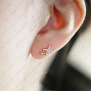 14k Gold Diamond Sparkling Stars Stud Tragus Lobe Conch Cartilage Helix Piercing - Picture 1 of 12