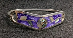  Vintage Alpaca Mexican Silver Flower MOP Enamel Bracelet - Small Wrist 6.5"  - Picture 1 of 10
