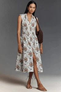 New Anthropologie The Tommie Cap-Sleeve Smocked Front-Zip Midi Shirt Dress M - Picture 1 of 10